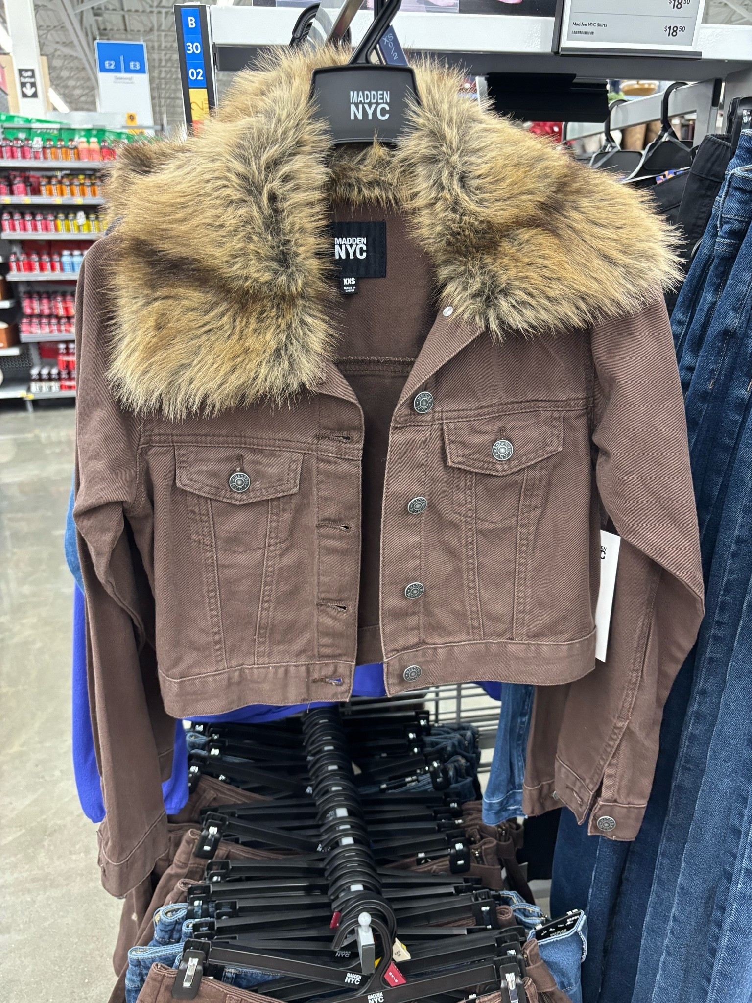 Denim jacket with fur collar. The cropped length is perfect.
