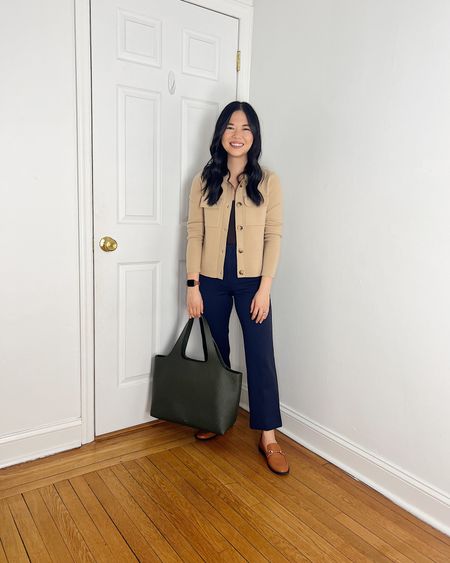 Camel sweater jacket (XSP)
Brown tank top (XS/S)
Navy pants (4P)
Olive green tote bag
Brown loafers (TTS)
Business casual outfit
Neutral work outfit
Ann Taylor outfit
Cuyana System tote

#LTKworkwear #LTKstyletip #LTKfindsunder100