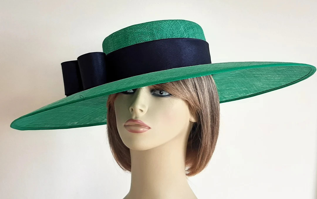 Made to order Green Sinamay Boater Hat Navy Satin Trim, Ascot Races | Etsy (US)
