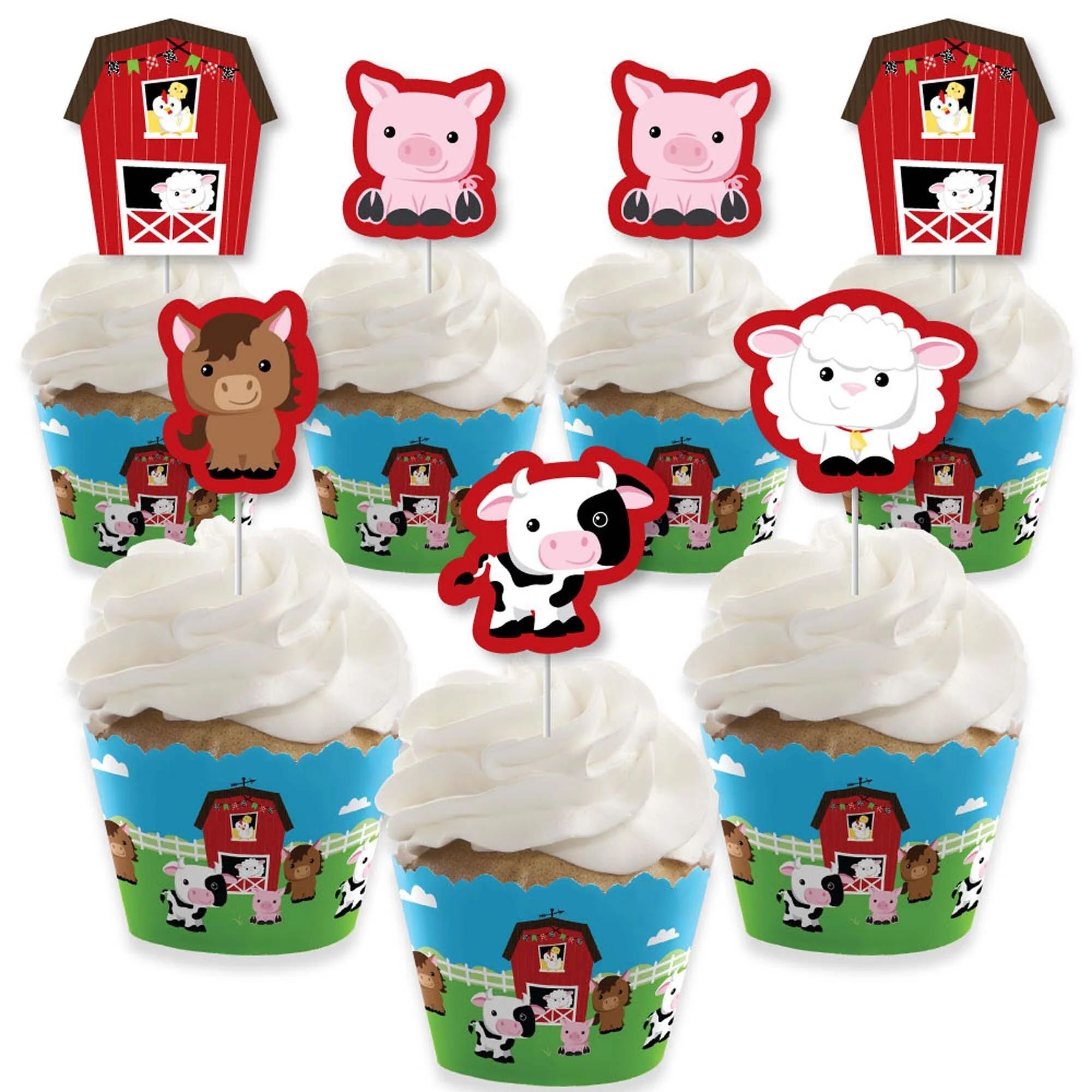 Farm Animals - Cupcake Decorations - Barnyard Baby Shower or Birthday Party Cupcake Wrappers and ... | Big Dot of Happiness