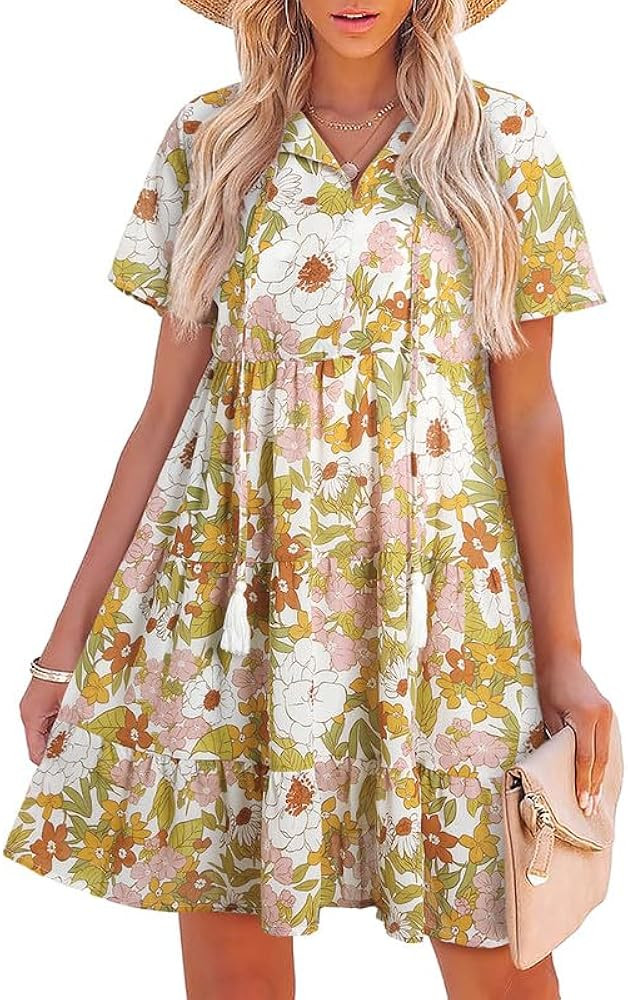 SHEWIN Women's Spring Summer Boho Floral Dresses Casual V Neck Short/Long Sleeve Ruffle Hem A-Lin... | Amazon (US)