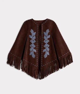 Julianne Suede Cape With Floral Embroidery :: Brown/Blue | Lucchese Bootmaker