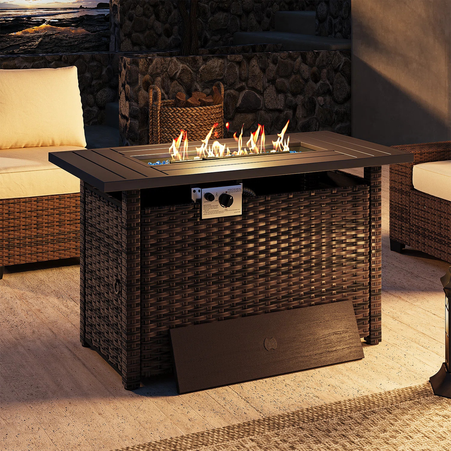 Latitude Run\u00ae Outdoor Propane Gas Fire Pit Table,  50,000 BTU Rectangular Rattan Fire Pit wi... | Wayfair North America