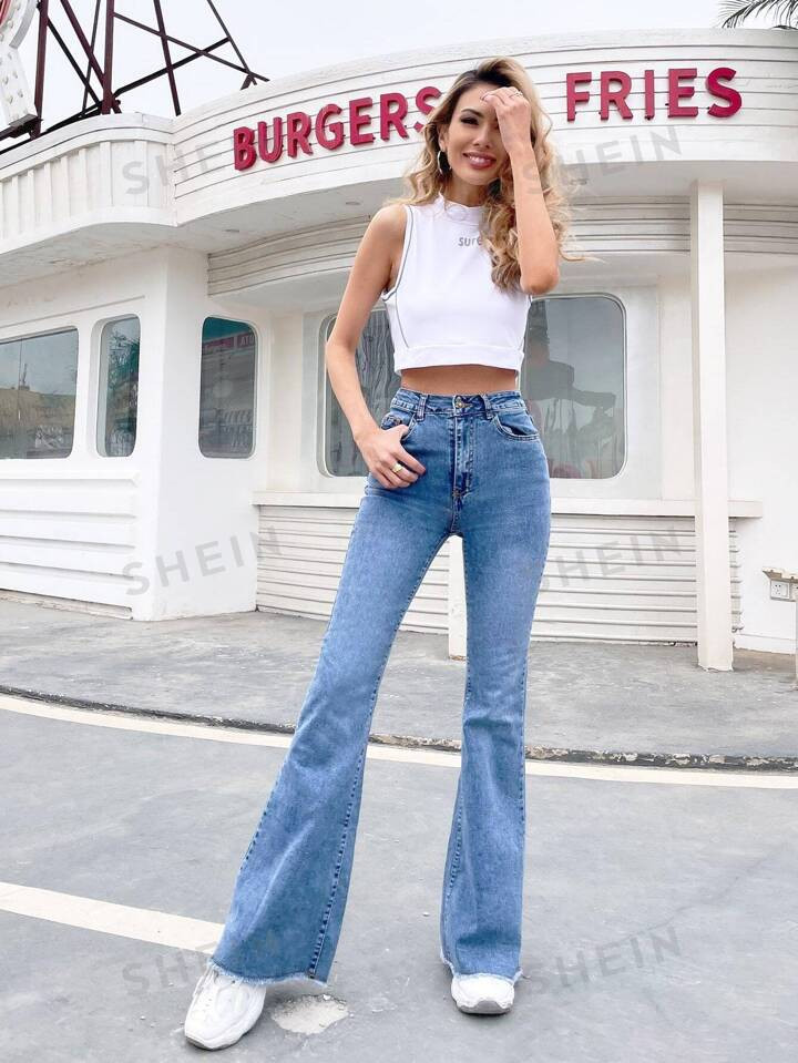 SHEIN Frenchy High-Rise Raw Hem Flare Blue Jeans | SHEIN
