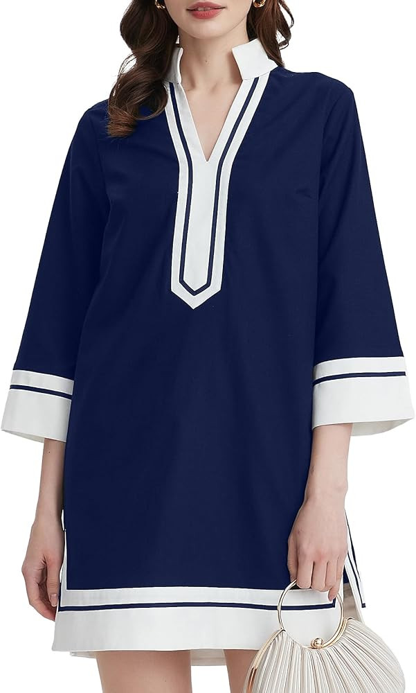 Kedera Women's Linen Shift Dress V Neck 3/4 Sleeve Deep V Neck Casual Mini Collared Dress for Sum... | Amazon (US)