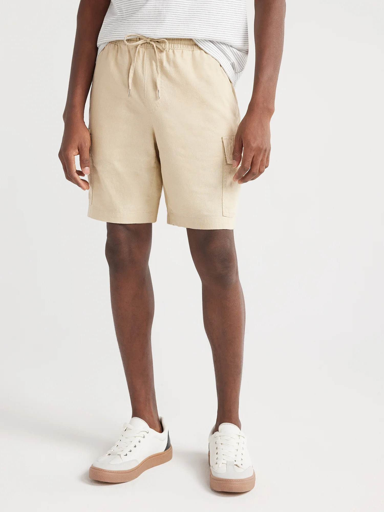 Free Assembly Men's Linen Blend Cargo Shorts with Drawstring Tie, 8" Inseam, Sizes S-XXXL | Walmart (US)