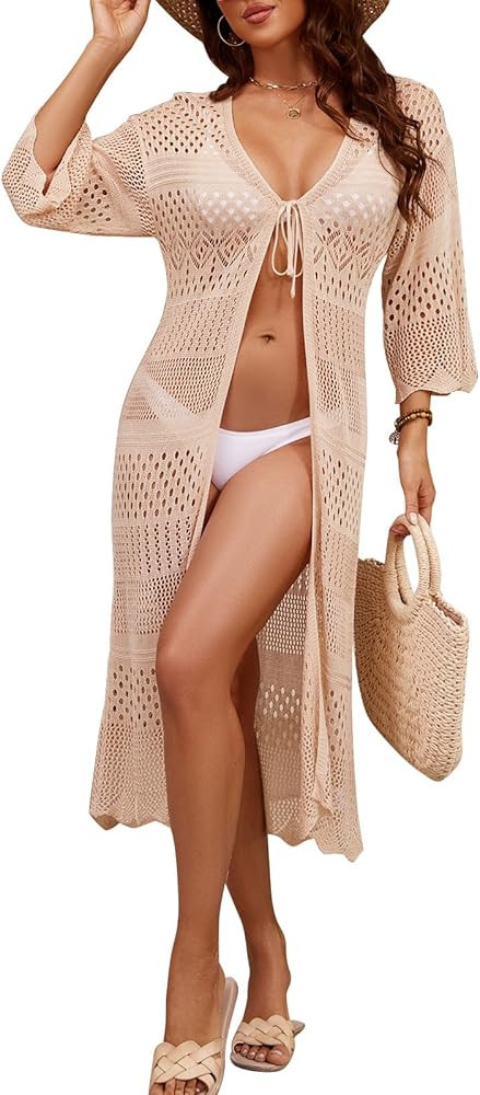 shermie Women's Long Crochet Cardigan Short Sleeve Tie Front Loose Swimsuit Kimono Cover Up | Amazon (US)
