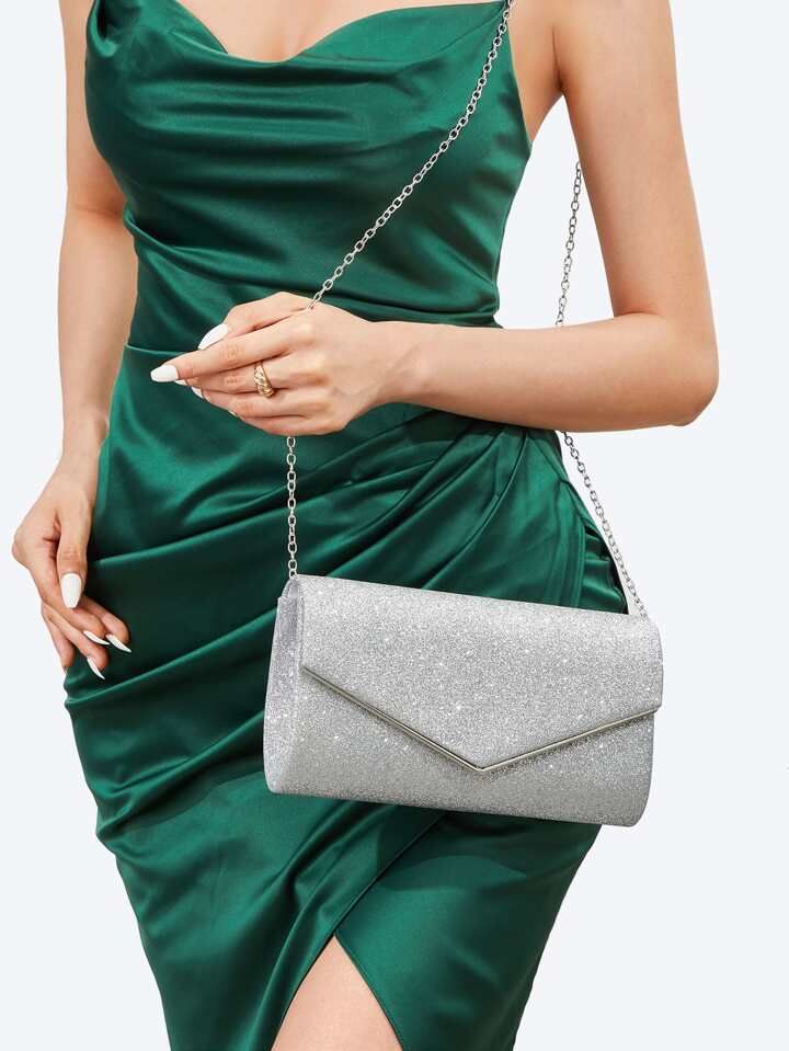 1pc Gorgeous & Simple Glitter Clutch Bag With Magnetic Snap & Chain For Evening Party Wedding | SHEIN