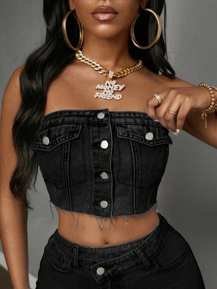 Slaydiva Denim Bustier Top With Button Pockets, Casual Everyday | SHEIN