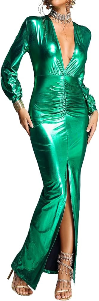 BELLA BARNETT Deep V Neck Sexy Dress Trendy Green Dress Long Sleeve Bodycon Dress | Amazon (US)