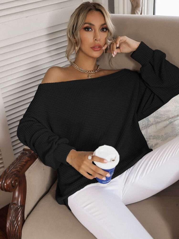 Off Shoulder Drop Shoulder Waffle Knit Sweatshirt | SHEIN