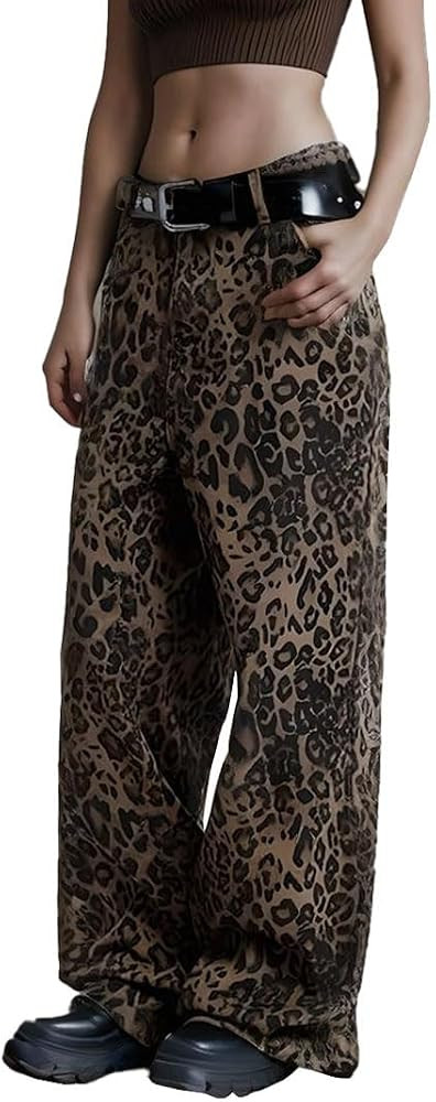 Leopard Print Jeans Cheetah Print Pants Y2k Baggy Jeans Wide-Leg Washed Y2k Pants High Waisted Ca... | Amazon (US)