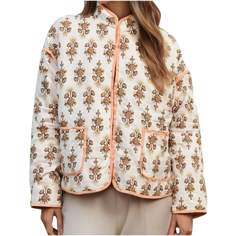 Byworldtasic Women's Jacket Women's Cropped Quilted Jacket Floral Printed LightWeight Padded Puff... | Walmart (US)