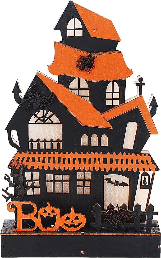 Amazon.com : Lulu Home Halloween Tabletop Decoration, Wooden Lighted Boo Haunted House Decoration... | Amazon (US)