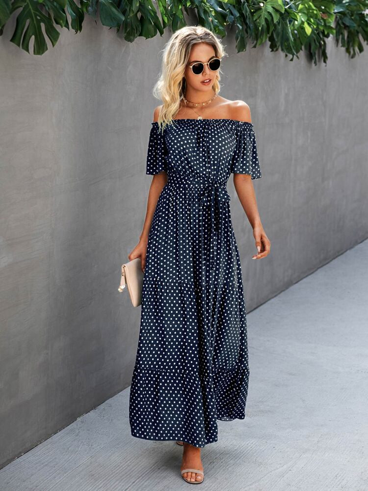 Polka Dot Off the Shoulder Belted Dress | SHEIN
