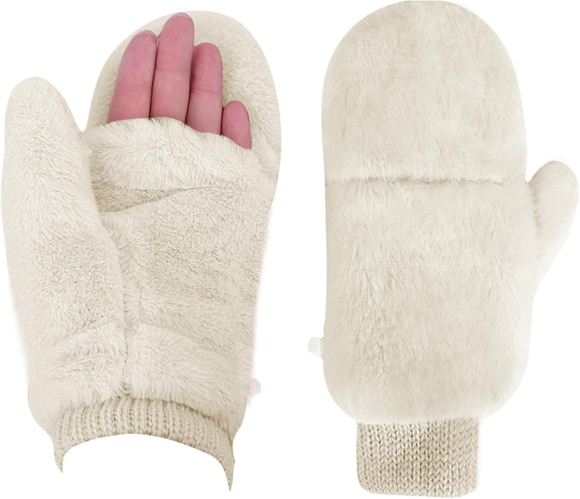 Winter Faux Fur Convertible Mittens for Women Girls Thermal Warm Half Finger Fingerless Gloves | Amazon (US)