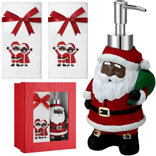 Teenyyou 4 Pcs Christmas Bathroom Accessories Christmas Soap Dispenser Lotion Pump and Fingertip Towels with Gift Box Set for Home Bath Decoration(Multicolor,Black Santa) | Amazon (US)