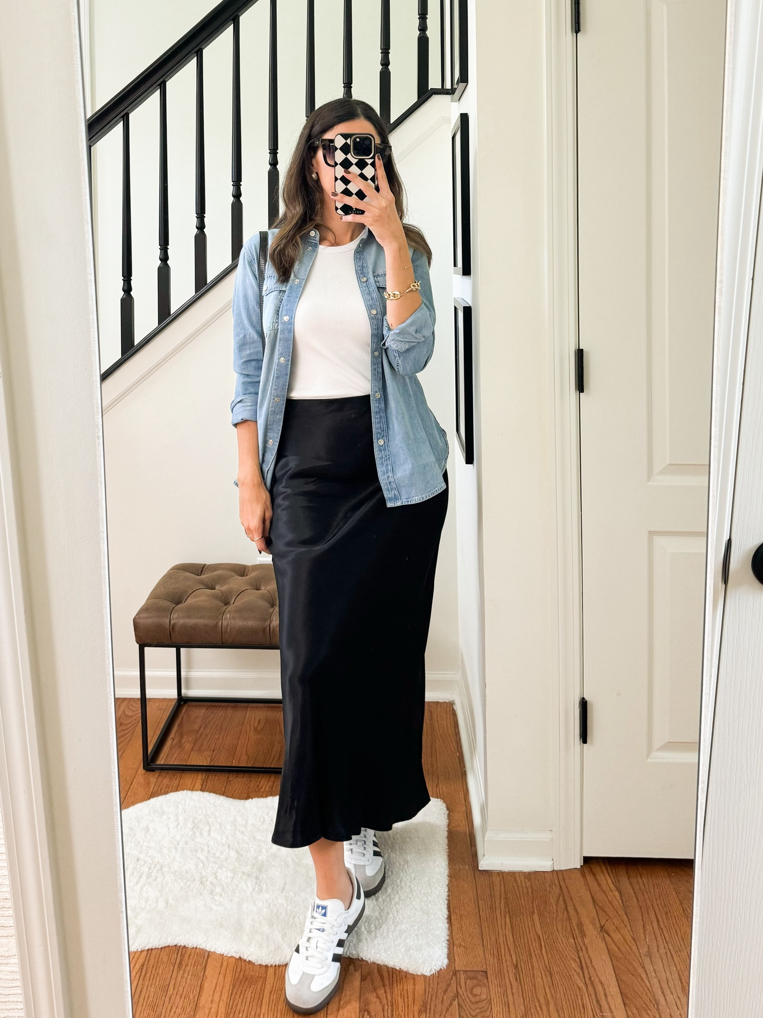 Fall Capsule Outfit 
Casual outfit 
Wearing:
• tank top size medium
• denim shirt size 4
• skirt size small (I linked a similar option)
• adidas sambas size 8.5W

#LTKFindsUnder100 #LTKStyleTip #LTKFallSale