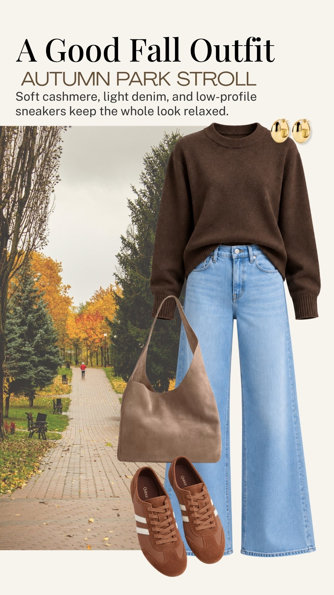 Soft cashmere, light denim, and low-profile sneakers make this such an easy fall outfit. I love the relaxed feel for an autumn park stroll, with the rich brown sweater and sneakers adding just enough warmth to the light-wash jeans.

#LTKOver40 #LTKSeasonal