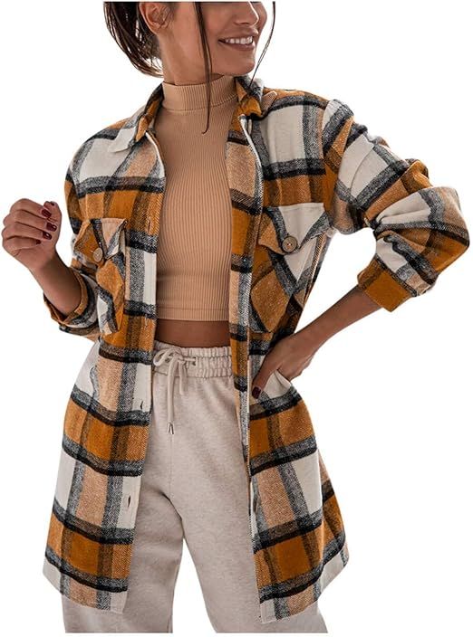 Fankle Women's Autumn and Winter Overcoat, Casual Plaid Lapel Woolen Button Up Pocketed Long Shac... | Amazon (US)