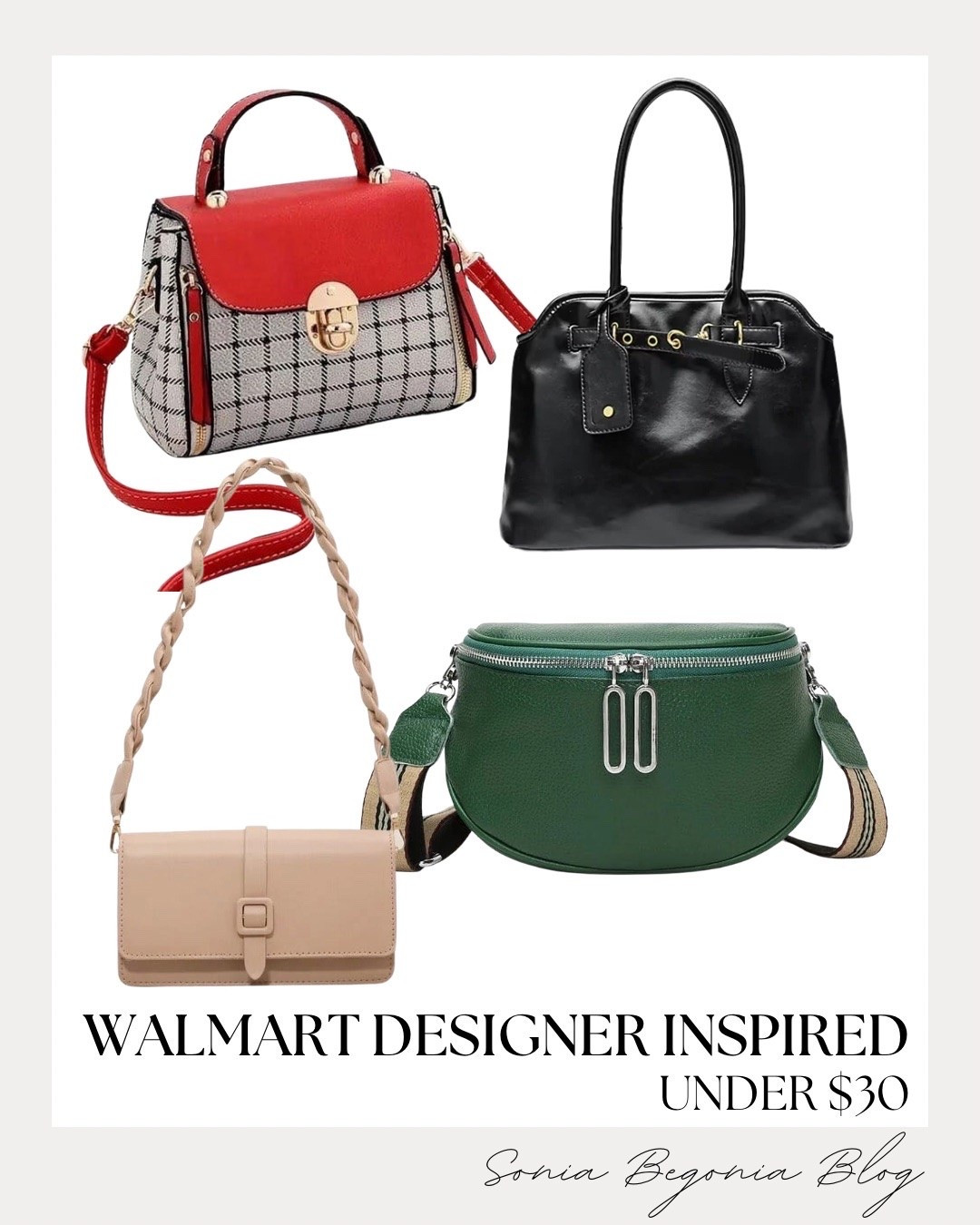 The ultimate designer-inspired bag roundup from Walmart, all under $30! I am loving these chic and affordable options, featuring a structured red plaid top-handle bag and a classic black belted tote. 👜✨

I also included a trendy neutral shoulder bag with a braided strap and a green crossbody. 🤍

#walmartfinds #walmartfashion #designerdupes #budgetfashion #handbags #LTKunder50 #affordablefashion #chicstyle #bagaddict

#LTKootd