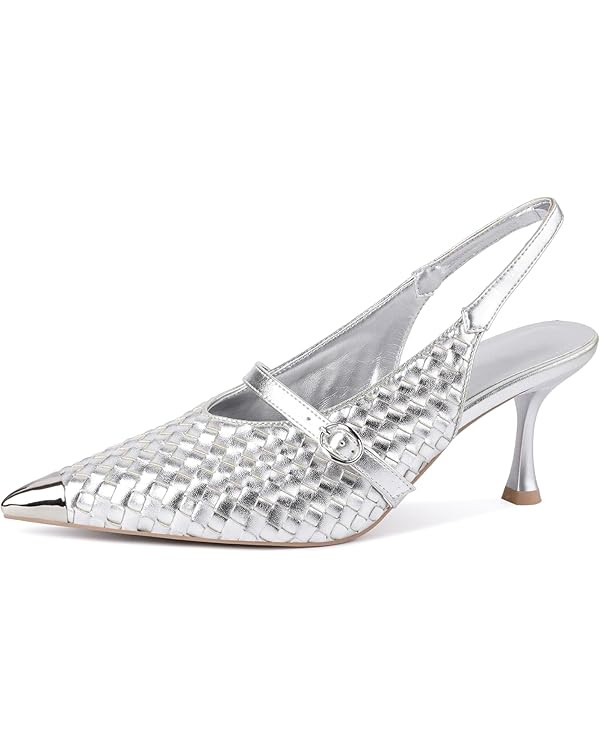Slingback Heels for Women Woven Pumps Stiletto High Heels Closed Pointed Toe Buckle Strap Elegant... | Amazon (US)