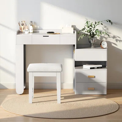 Modern Vanity Desk With Mirror And Stool, Multi-purpose White Makeup Table With 2 Drawers, Home Office Desk | Wayfair North America