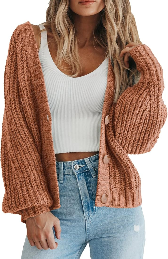 PRETTYGARDEN Women's Chunky Knit Open Front Sweater Long Sleeve Button Loose Short Cardigan Outer... | Amazon (US)