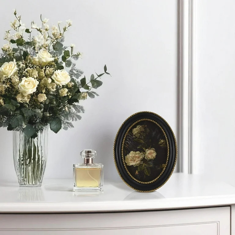 Home Decor Collection Black Round Wall Art or Tabletop, White Rose Floral Print by Antoine Monnoy... | Walmart (US)