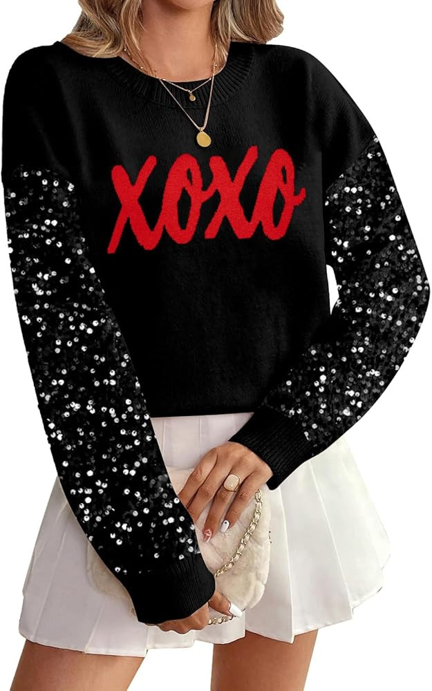 Valentines Sequin Sweater Womens Love Heart Valentines Day Outfit Crewneck Long Sleeve Holiday Kn... | Amazon (US)