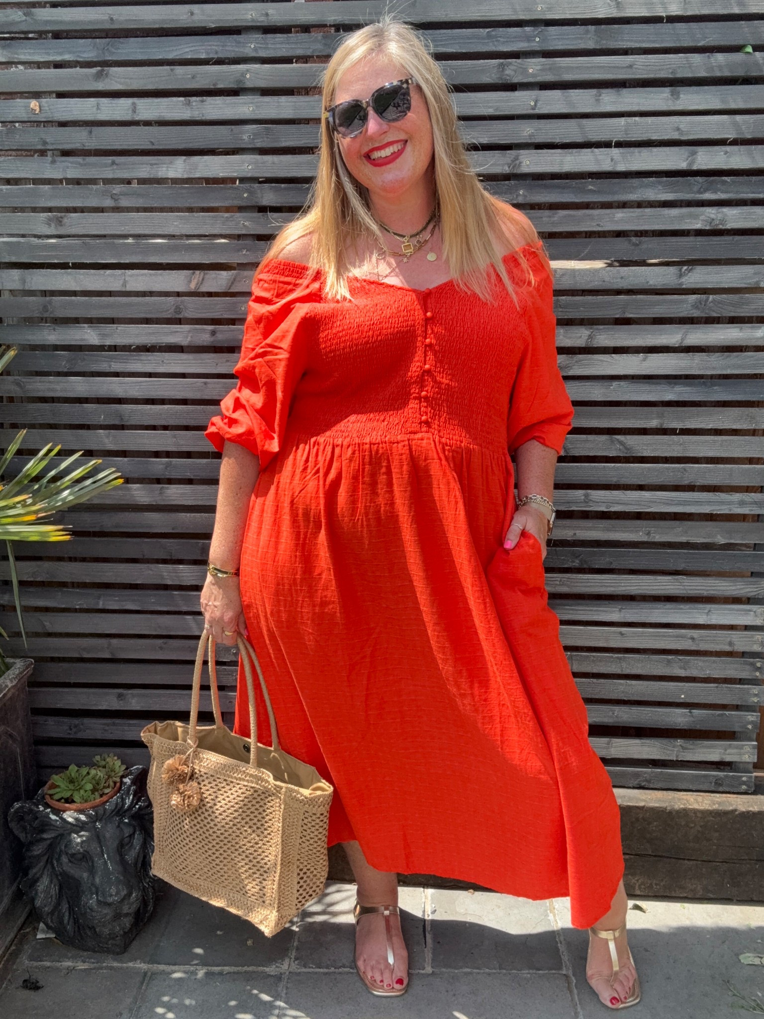 Orange summer dress, straw bag, sunglasses 

#LTKsummer #LTKcurves #LTKplussize