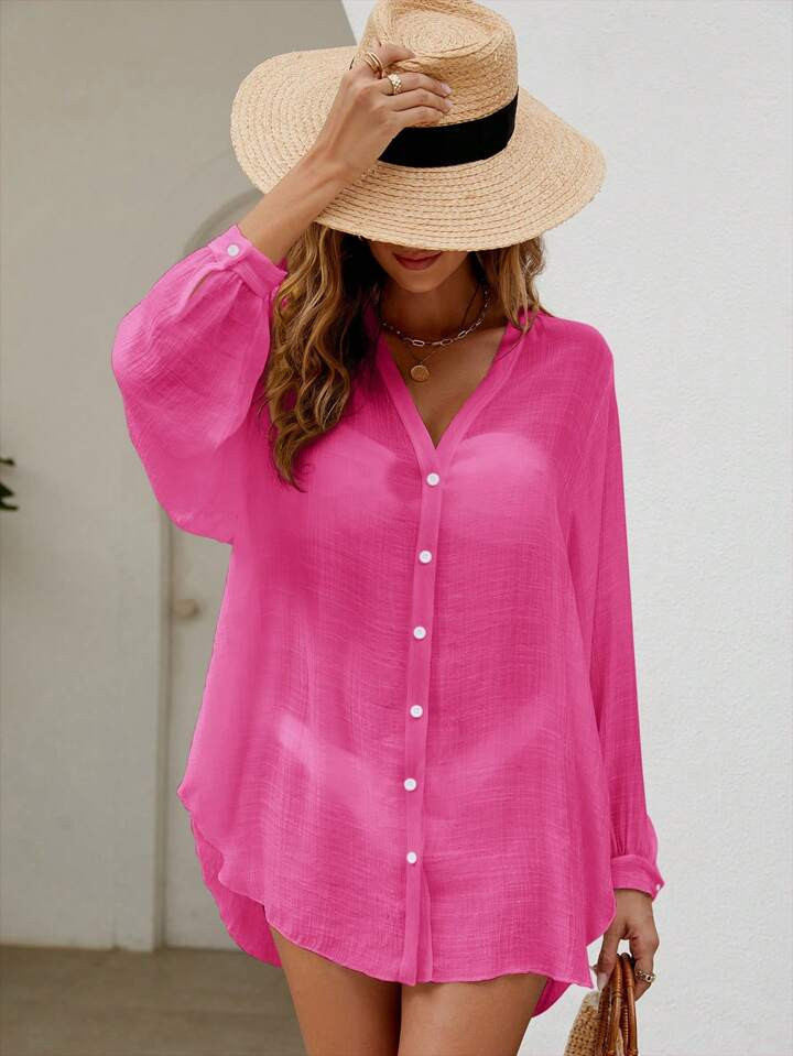 SHEIN Swim Summer Beach Solid Button Front Kimono | SHEIN