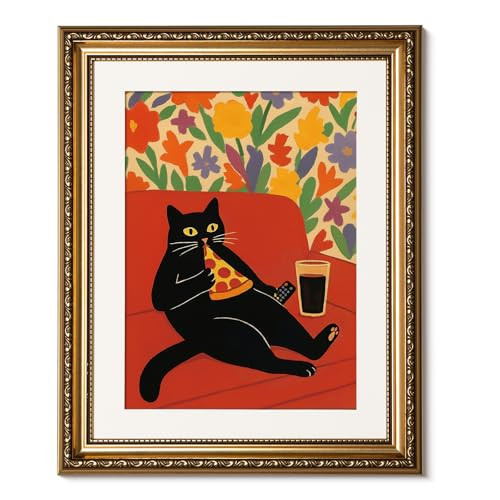 ARPEOTCY Gold Framed Wall Decor,Funny Black Cat Wall Art – 13x16 Inch Framed Cat Painting with Pizza and Soda, Colorful Pop Art Animal Wall Decor for Living Room, Bedroom, or Dorm Room | Amazon (US)