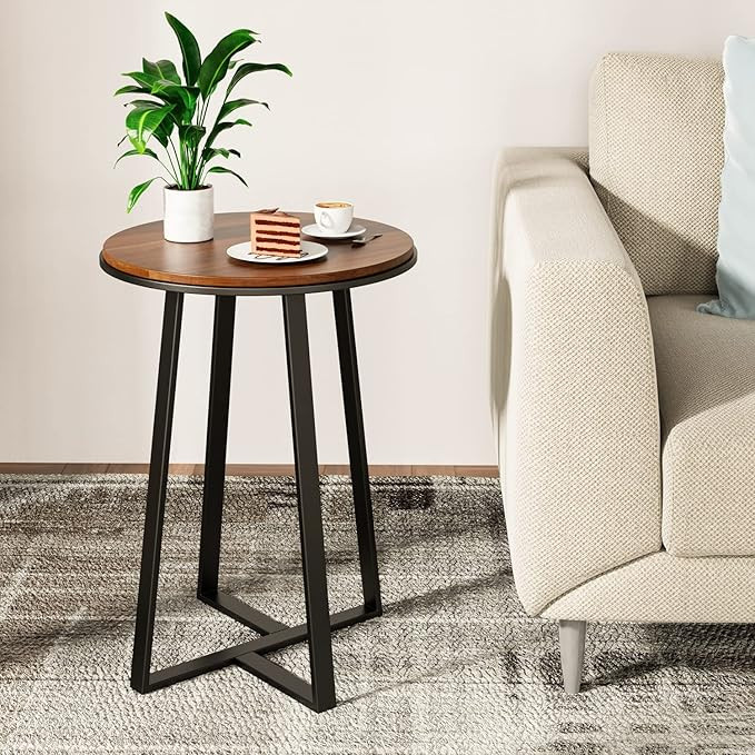 Dorriss Round Small End Table Walnut Color MDF Top,Metal Frame Black, Tall End Table for Bed Room... | Amazon (US)