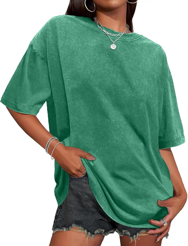 Oversized Tshirts for Women Short Sleeve Crew Neck Vintage Washed Basic Loose Casual Tees | Amazon (US)