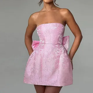 Leandrillo - Strapless Floral Jacquard Bow Back Mini A-Line Dress | YesStyle Global