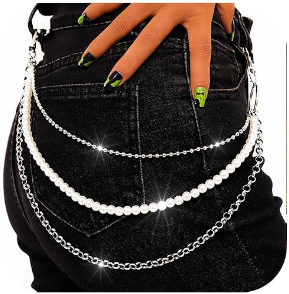 Pearl Pants Chain Silver Layered Jean Chain Hip Hop Wallet Accessories for Women and Men | Amazon (US)
