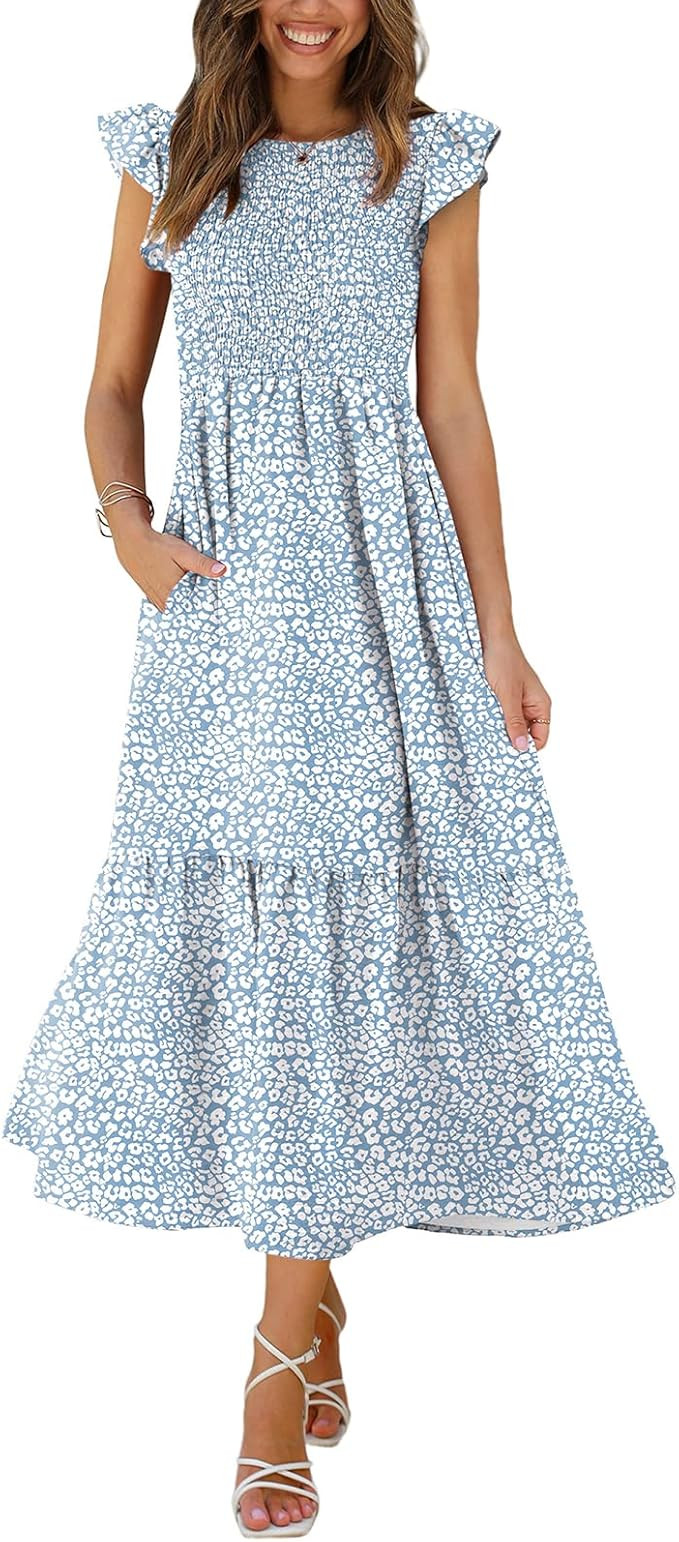 OFEEFAN Women's Casual Maxi Dresses with Pockets Ruffle Sleeve Smocked Dress XS-2XL | Amazon (US)