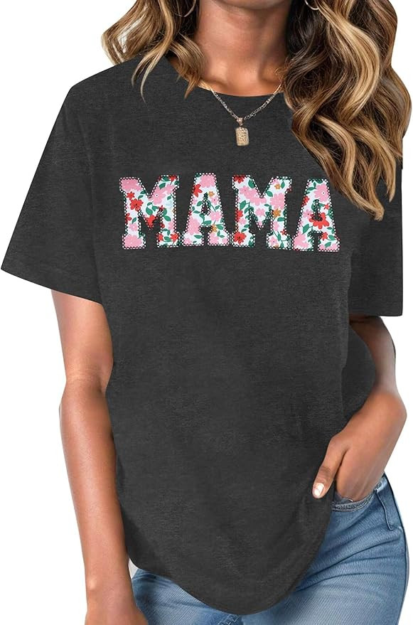 Mama Shirts for Women Funny Embroidered Mama Letter Print Tee Mom Gift Short Sleeve Shirt Mothers... | Amazon (US)