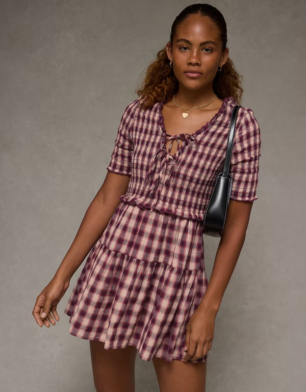 AE Puff Sleeve Tie Front Plaid Mini Dress | American Eagle Outfitters (US & CA)