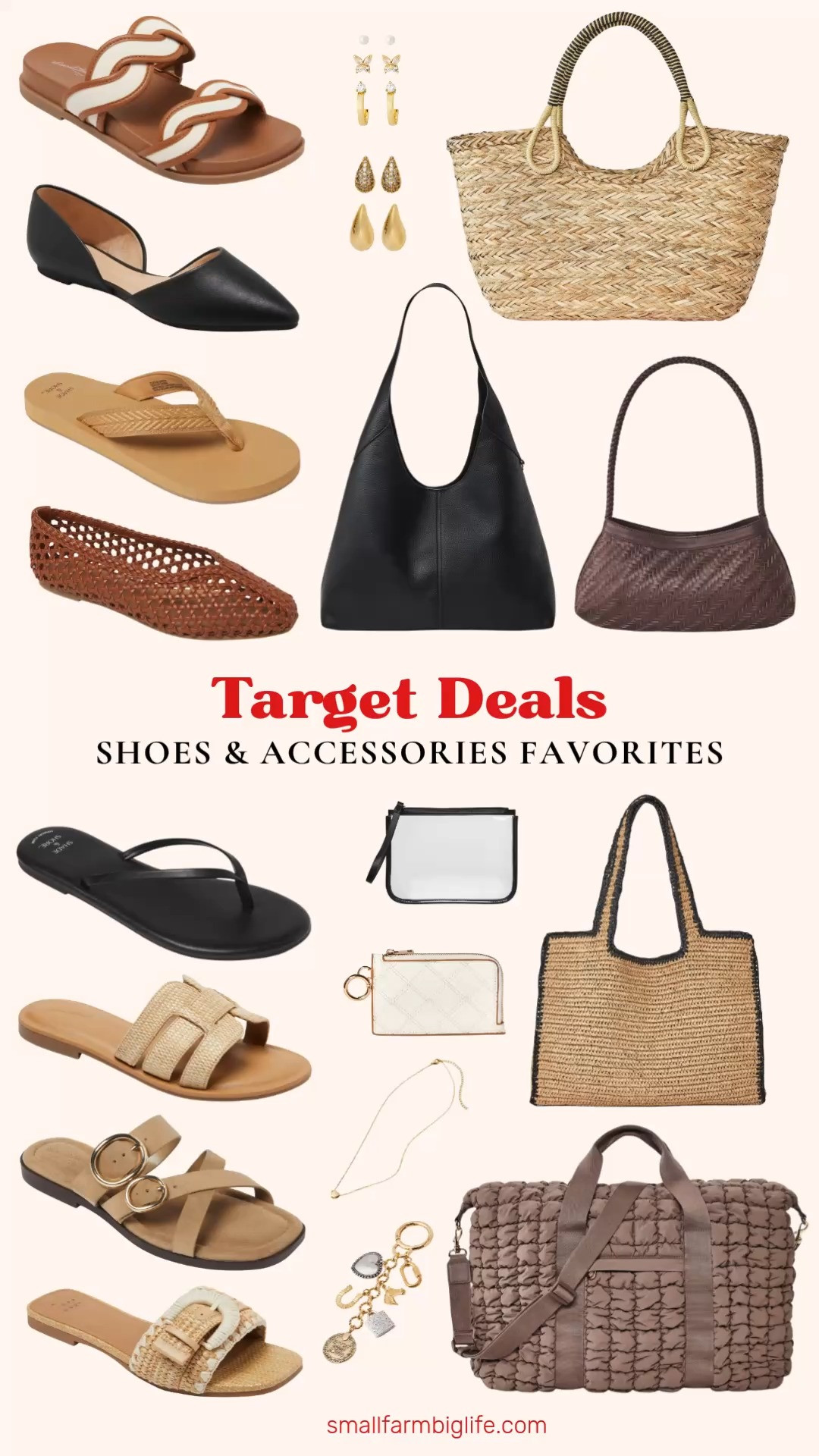 Target Circle Deal Days is still going and the shoes and accessories deals are some of my favorites in this sale. I rounded up woven tote bags, shoulder bags, and a weekender in natural, brown, and black that are all such great summer bag options at really great prices. The straw seagrass tote and the XL straw tote are perfect beach and farmers market bags and the oversized slouchy shoulder bag is such a versatile everyday option. The shoe selection in this round up has something for everyone including woven slide sandals with memory foam insoles, cognac woven ballet flats, flip flops, and buckle sandals in neutral tones that go with everything in your summer wardrobe. The gold cubic zirconia teardrop earrings and the pearl butterfly and hoop set are both beautiful finishing touches at prices that make it easy to grab both. Tap to shop before the sale ends! 

 #LTKootd #LTKOver40 #LTKSaleAlert