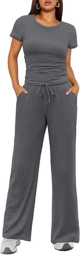 Ekouaer Women's 2 Piece Lounge Sets Ruched Short Sleeve Pajama Set High Waisted Wide Leg Pants Lo... | Amazon (US)