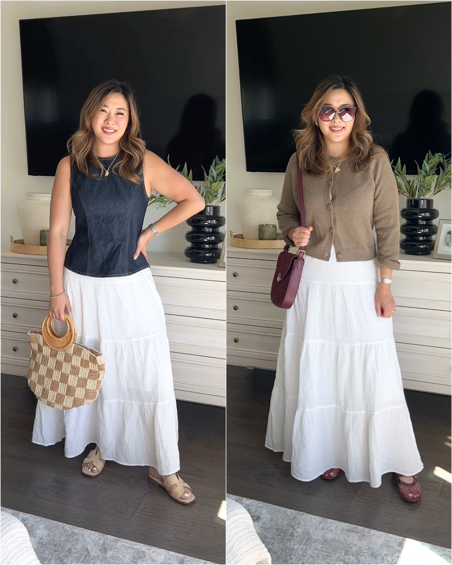 Maxi Skirt for Summer to Fall! 
Denim Vest: Small
Maxi Skirt: Small (almost sold out so linked a similar Amazon one)
Cardigan: Large