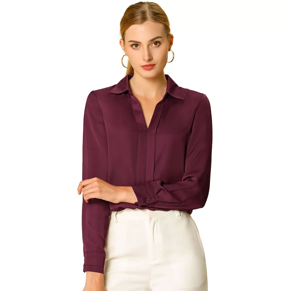 Women's Elegant Solid V Neck Smooth Satin Long Sleeve Blouse | Kohl's