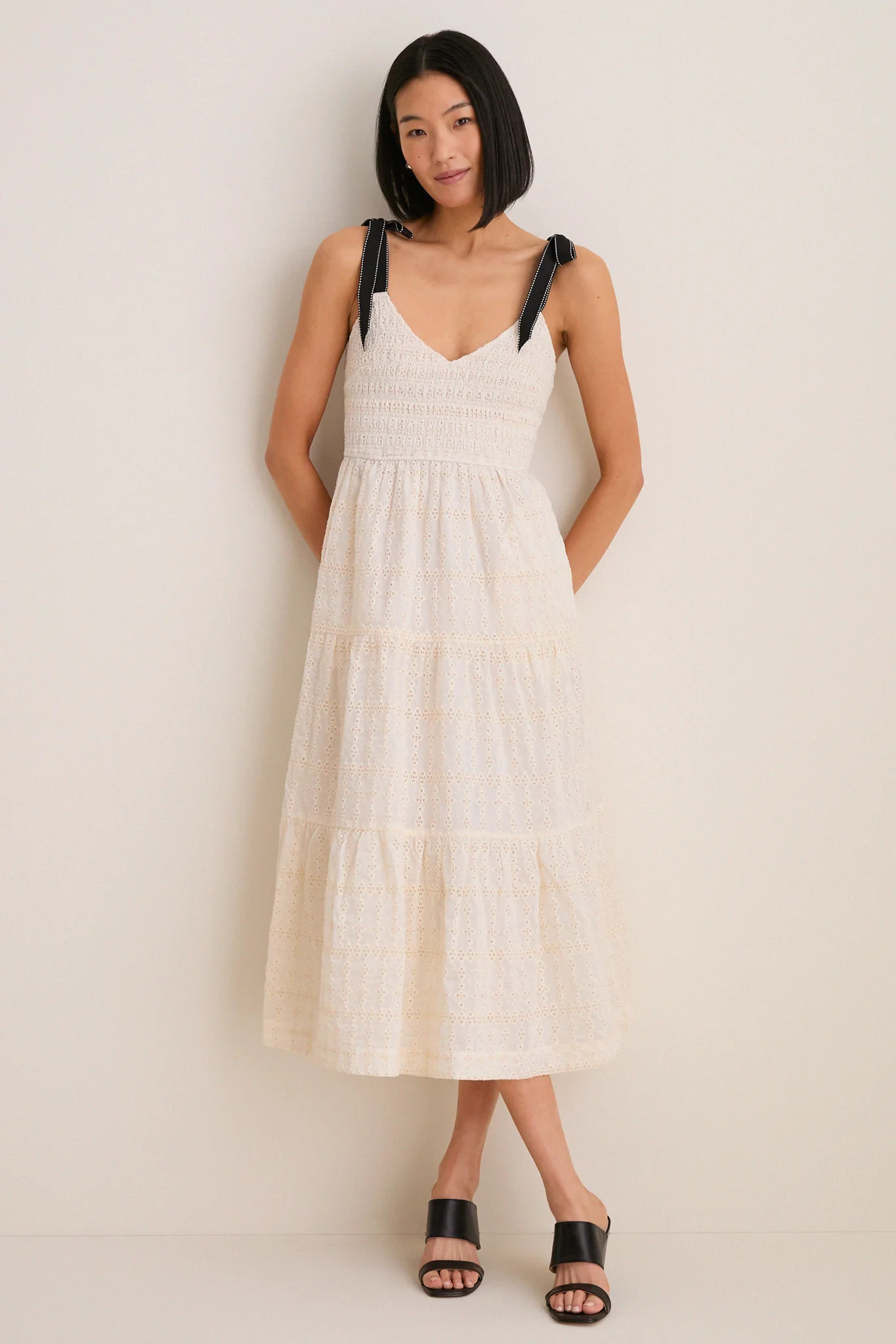 Cream Jayla Embroidery Eyelet Smocked Midi Dress | Tuckernuck (US)