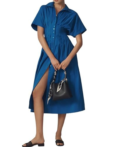 Dsewpaur Striped Button Front Pleated Shirt Maxi Dress for Women Summer Short Sleeve Collar V Neck Corset Long Dress A-Blue | Amazon (US)