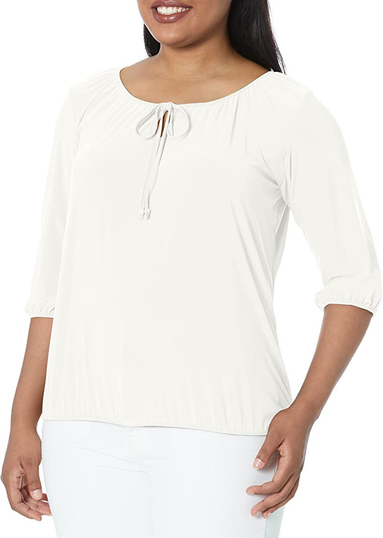 Star Vixen Women's 3/4 Sleeve, Front Tie Peasant Top | Amazon (US)