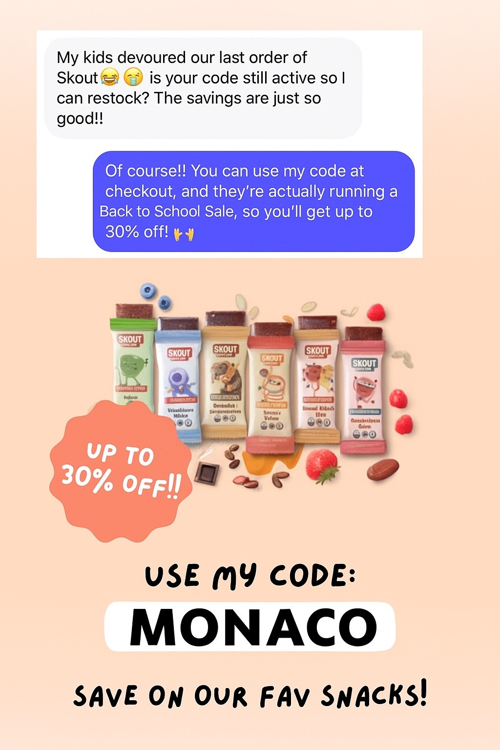 Skout bars up to 30% off! Perfect back-to-school snacks!!

Code: MONACO

#LTKFamily #LTKKids #LTKSaleAlert