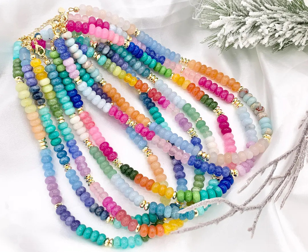 8mm Dyed Jade Beaded Necklaces Colorful Rondelle Jade with Gold Plated Hematite Saucer Spacers Be... | Etsy (US)