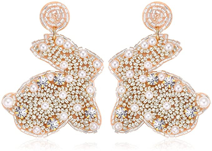 NVENF Beaded Easter Earrings for Women Easter Rabbit Bunny Dangle Earrings Sparkling Pearl Bead D... | Amazon (US)